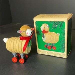 Hallmark Keepsake Wooden Sheep Pull Toy Ornament - Red Ribbon Vintage 1984